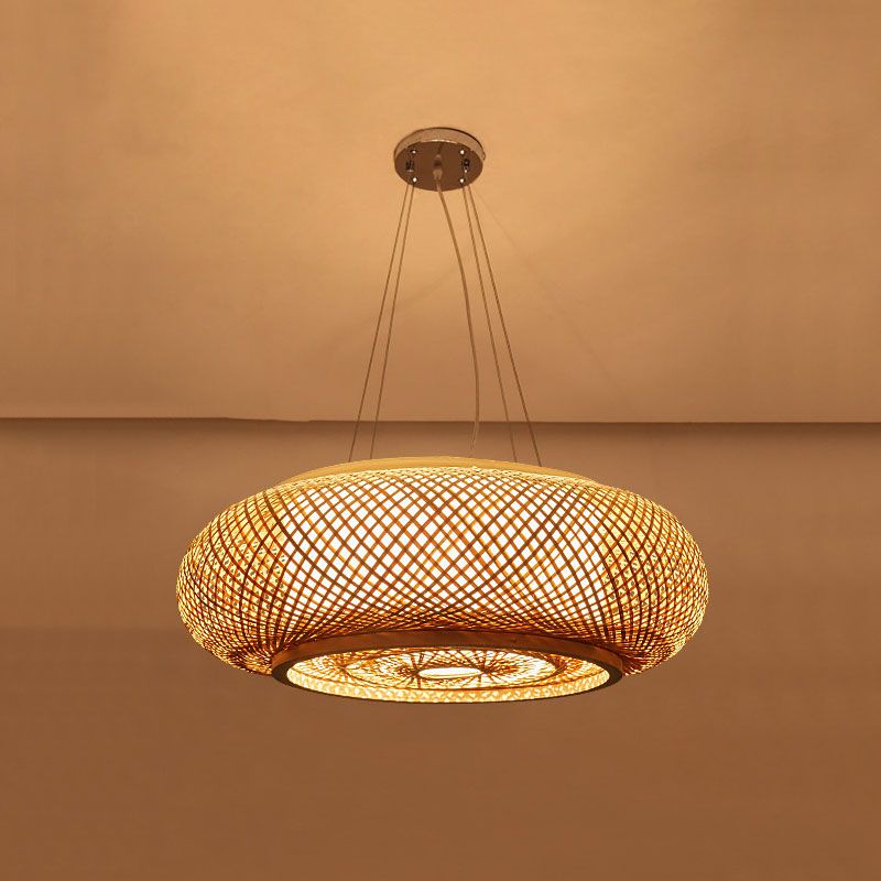 Bamboo Weaving Round Hanging Lamp Chinese Wooden Suspension Lighting Fixture for Bedroom