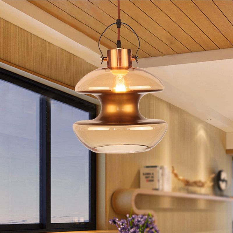 Loft Gourd/Schoolhouse/Mushroom Pendant Single Head Amber Glass Hanging Ceiling Lighting for Dining Hall