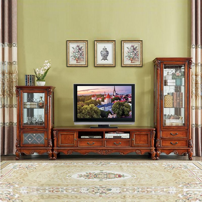 Solid Wood TV Console Traditional Enclosed TV Cabinet with Glide Drawers