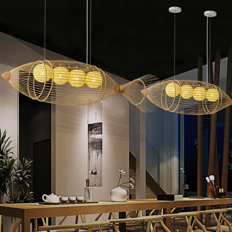 Chandelier de poisson contemporain Light Light Bamboo Tea Room suspendu en bois