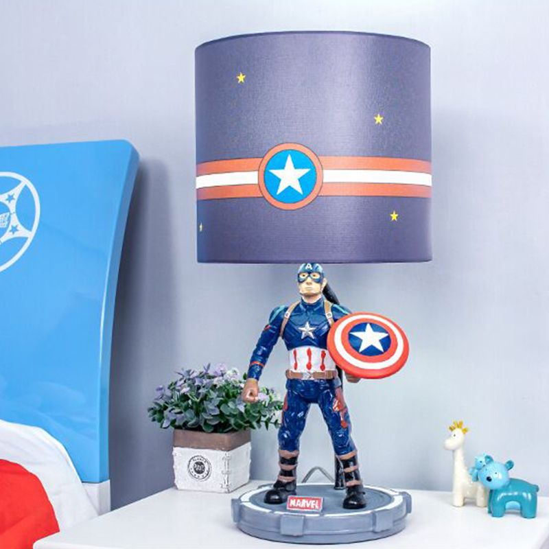 Cylinder Bedroom Night Table Lighting Fabric 1 Light Kids Nightstand Light in Blue with Cartoon Character