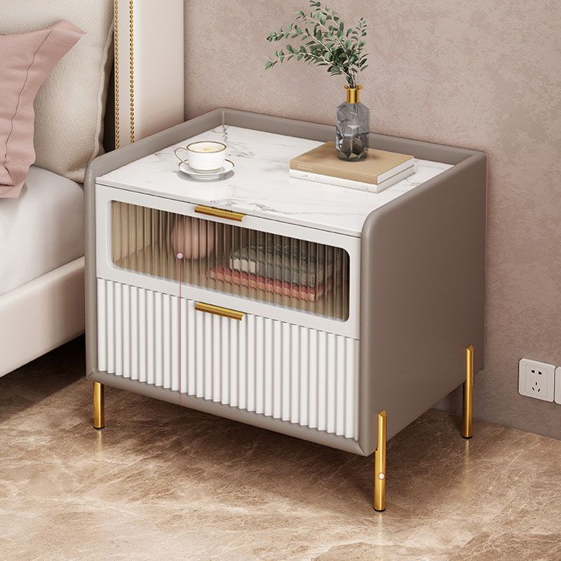 Glam Marble Accent Table Nightstand 2 Drawers Bedside Cabinet