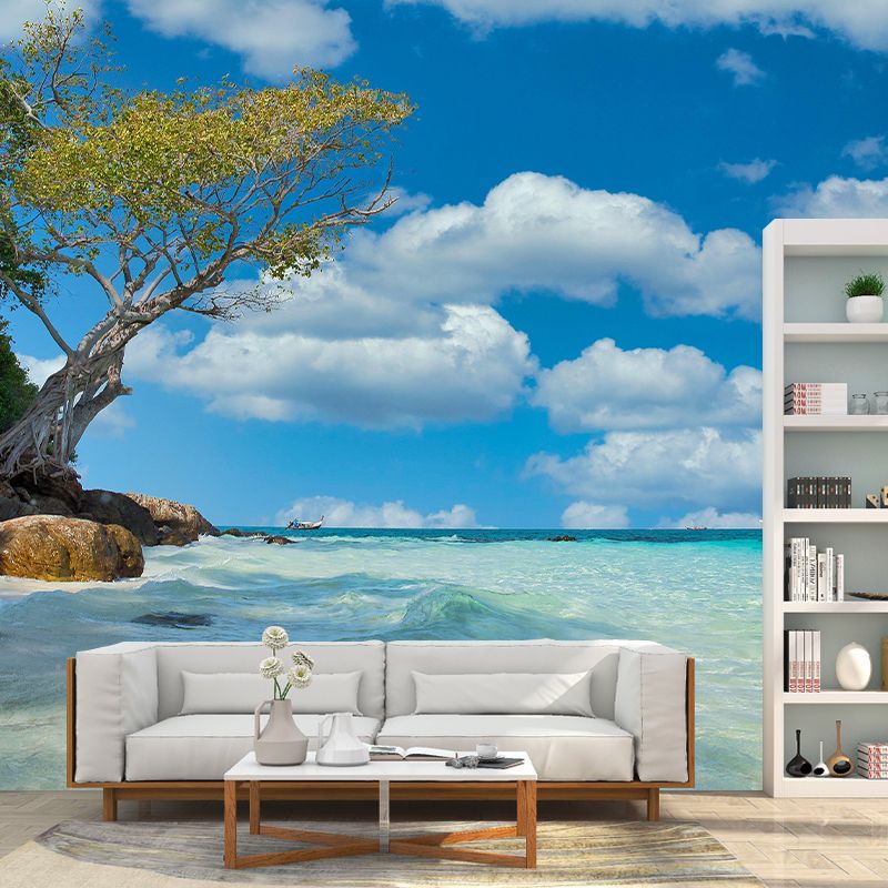 Tropics Seascape Wall Paper Mural Mildew Resistant Soft Color Wall Art for Bathroom