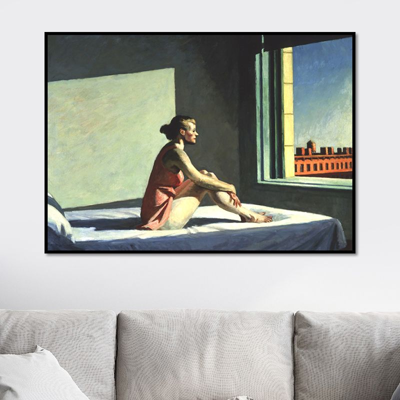 Canvas Textured Wall Art Traditional Edward Hopper Morning Sun Painting in Blue-Red