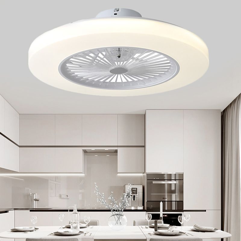 Modern Circle Semi Flush Mounted Lamp LED Acrylic Shade Hanging Ceiling Fan Light in White with 6 Clear Blades, 23" W