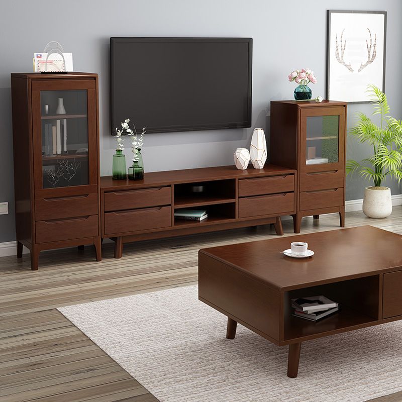 Contemporary Rubber Wood TV Console Open Storage TV Media Stand for Living Room