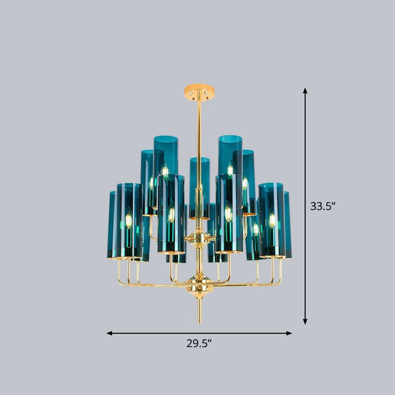 Cylindrical Up Chandelier Postmodern Glass Brass Finish Hanging Light for Living Room