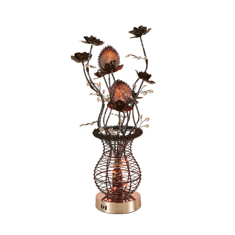 LED Vase Table Lamp Art Decor Black-Silver Aluminum Decorative Desk Light with Flower Detail