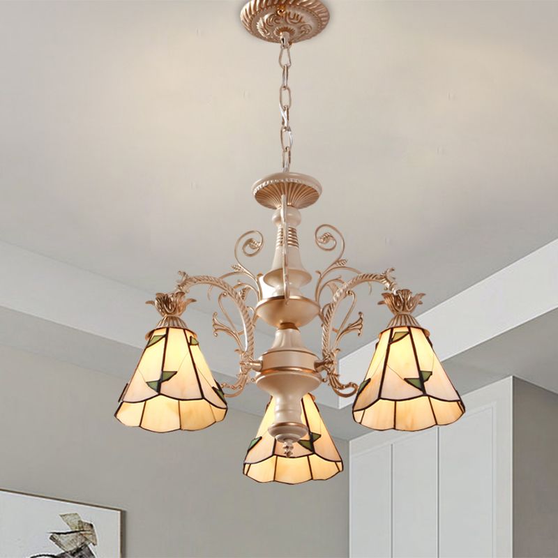 3/5-Light Conic Pendant Chandelier Mission White Stained Glass Leaf Patterned Ceiling Hang Fixture