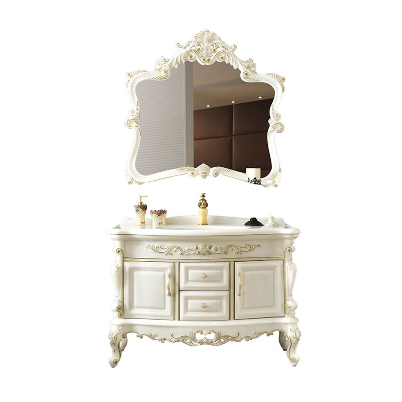 White Stone Bath Vanity 2 Drawers Rectangular Freestanding Single Sink Vanity with Mirror