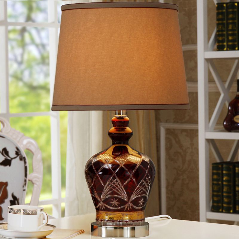 Brown Jug Night Lamp Farmhouse Ceramic Single Dining Room Table Light with Drum Lamp Shade