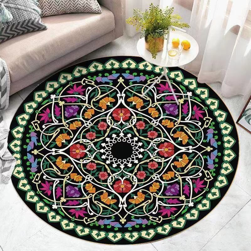 Retro Ethnic Style Round Rug Polyester Rug Stain Resistant Rug for Living Room Bedroom