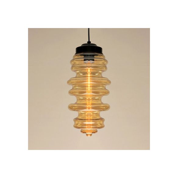 Contemporary 1 Light Pendant Light with White/Amber/Smoke Glass Shade Black Ribbed Hanging Ceiling Lamp