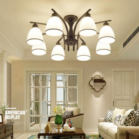 Dome Glass Semi Flush Mount Lightture Traditional Bedroom Plafond Plafond Chandelier en noir