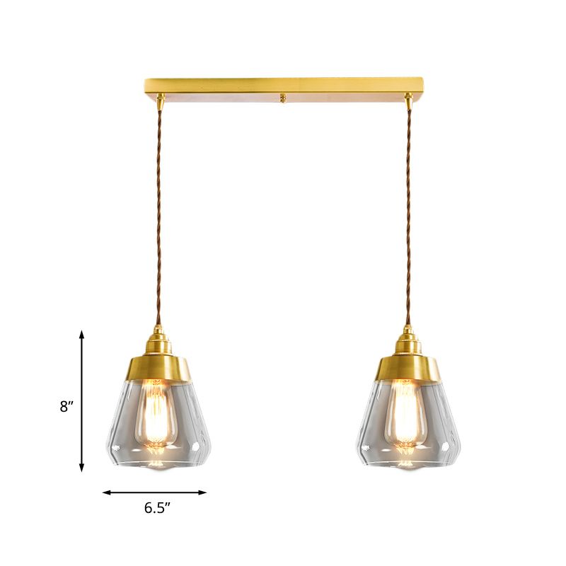 Luxe taps toelopende multi -light hanger 2/3 koppen helder glas hangende lamp in goud met ronde/lineaire luifel