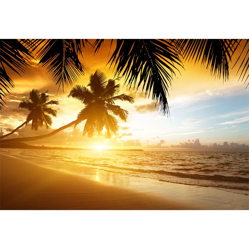 Tropical Sunset at Beach Murals Brown Stain Resistant Wall Covering for Home Decor