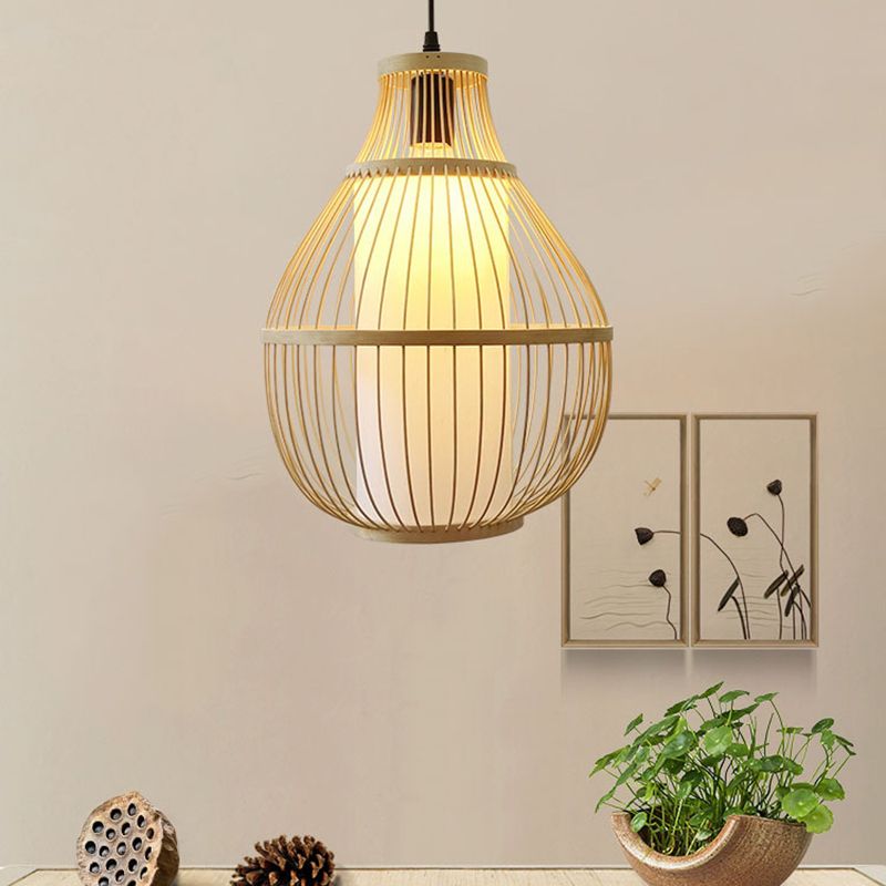 Teardrop Hanging Lamp Lodge Style Bamboo 1 Head Beige Pendant Lighting with Inner Cylinder Paper Shade