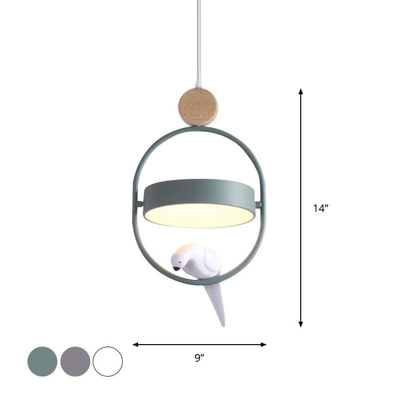 Nordic Style Ellipse Hanging Lamp Metal Single Bedside Down Lighting with Bird Decor and Round Shade in White/Grey/Green