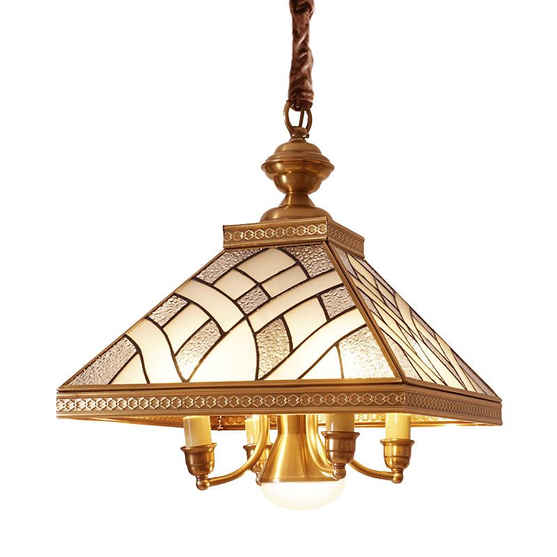 Frosted Glass Brass Chandelier Pyramid 5 Lights Colonialism Down Lighting Pendant for Dining Table