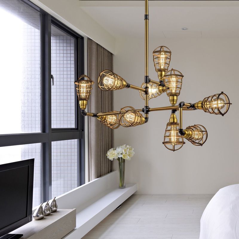 Multi Light Caged Chandelier Lighting with Bulb Shaped Vintage Loft Brushed Brass Metallic Mini Pendant Lamp