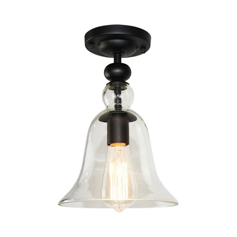 Contemporary 1 Light Semi Flush Mount Lighting with Glass Shade Black Bell Semi Flush Ceiling Light