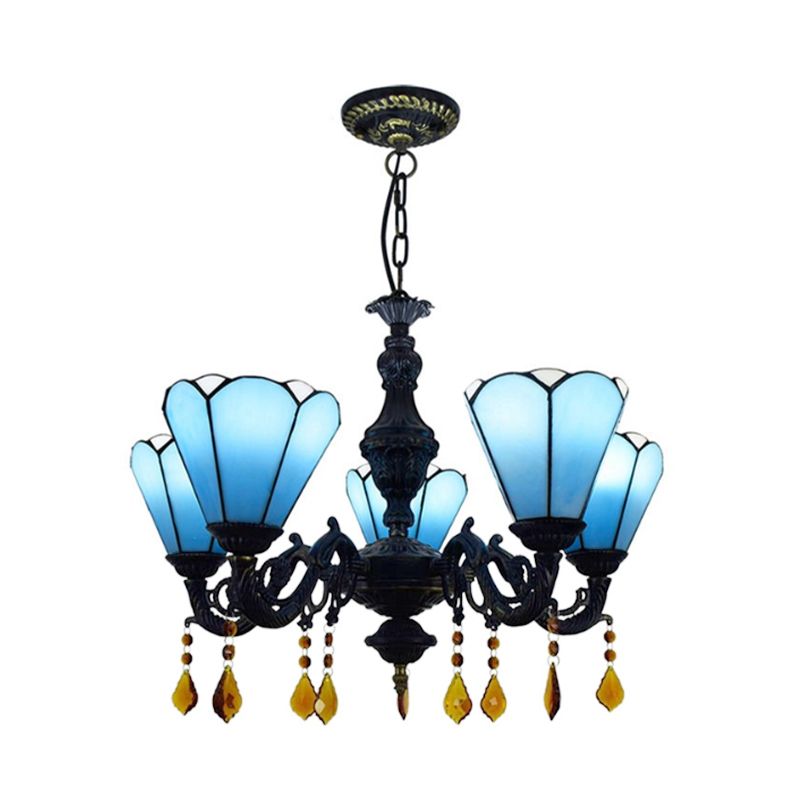 Tiffany Style en forme de cône en forme de vitrage clair 5 lumières Crystal décoratives Crystal Chandelier en bleu