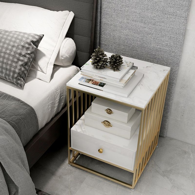 Contemporary 24"H Lower Shelf Nightstand Marble Bedside Cabinet for Bedroom