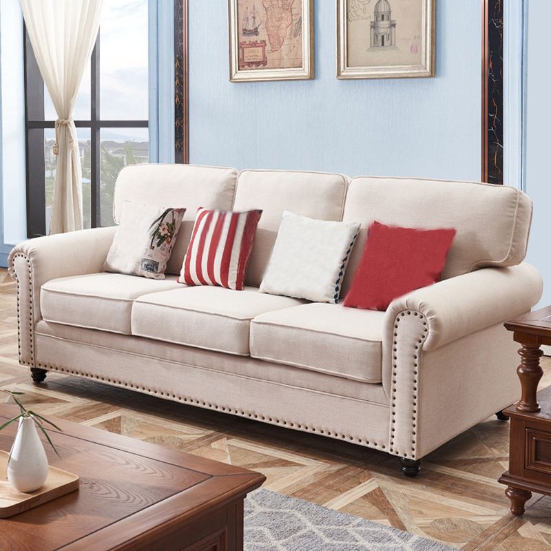 Traditional Biege Pillow Back Couch Rolled Arm Sofa with Nailhead Trim