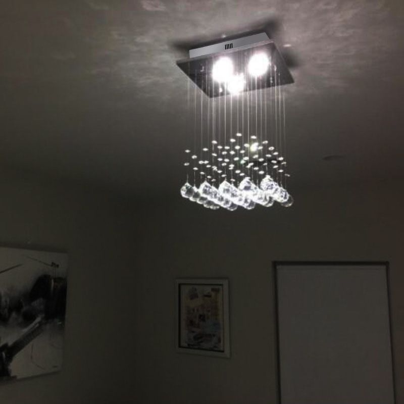 Minimalist Square Flush Light Fixture Crystal Ball 3 Lights Living Room Ceiling Flush Mount in Nickel