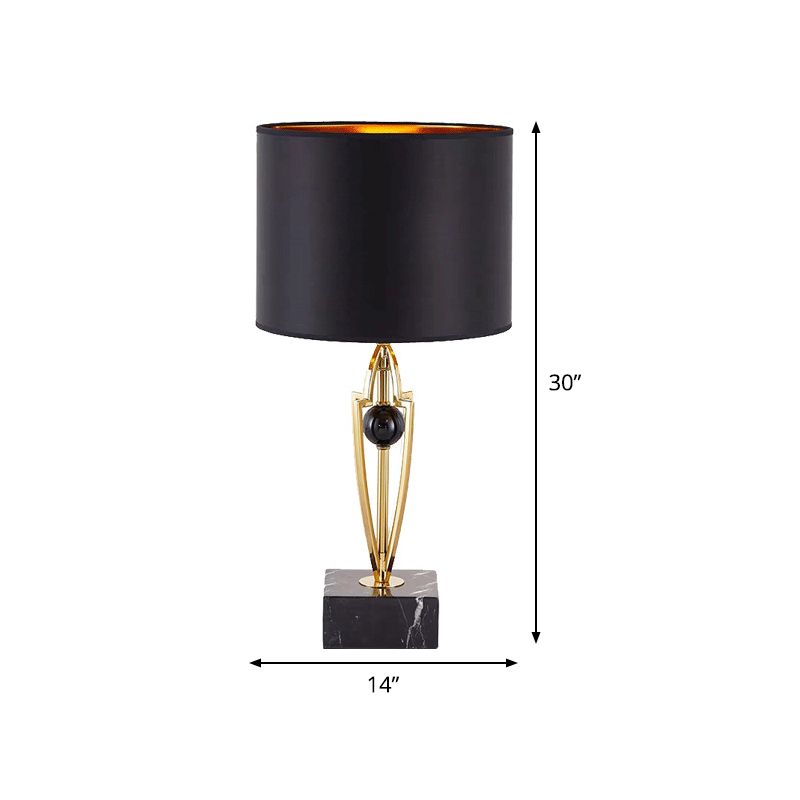 Fabric Drum Task Light moderniste 1 ampoule noire petite lampe de bureau avec base en marbre carré