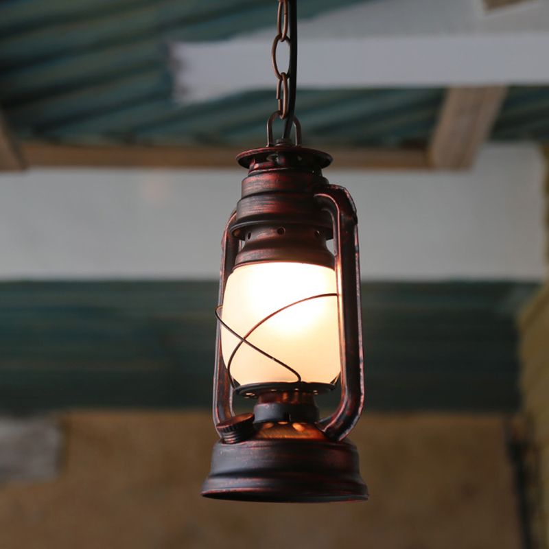 Antique Lantern Kerosene Light 1-Light Frosted Glass Hanging Light Fixture for Bedside