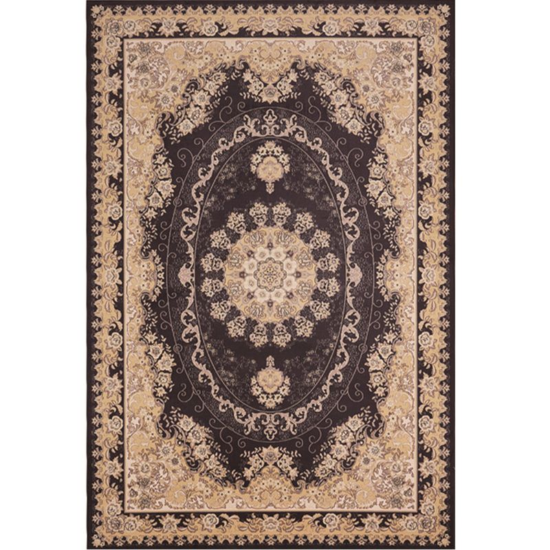 Oriental Floral Frame Rug Dark Color Polypropylene Rug Machine Washable Anti-Slip Backing Stain Resistant Area Carpet for Family Room