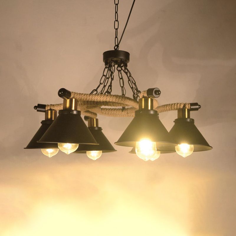 Candelier de cono de metal Estilo industrial 3/6 luces Luz de sala de estar Luz en negro