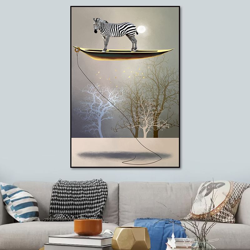 Rustic Moon Night Art Print Pastel Color Animal Standing on the Floating Boat Wall Decor