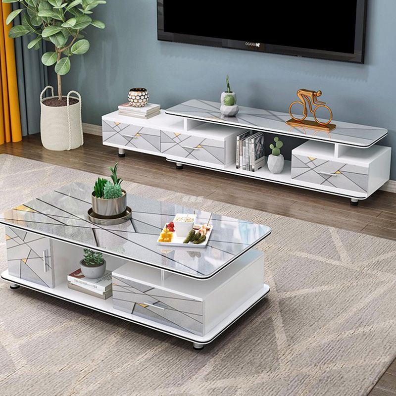 Modern Engineered Wood TV Stand White TV Cabinet with Drawers and Sliding Storage