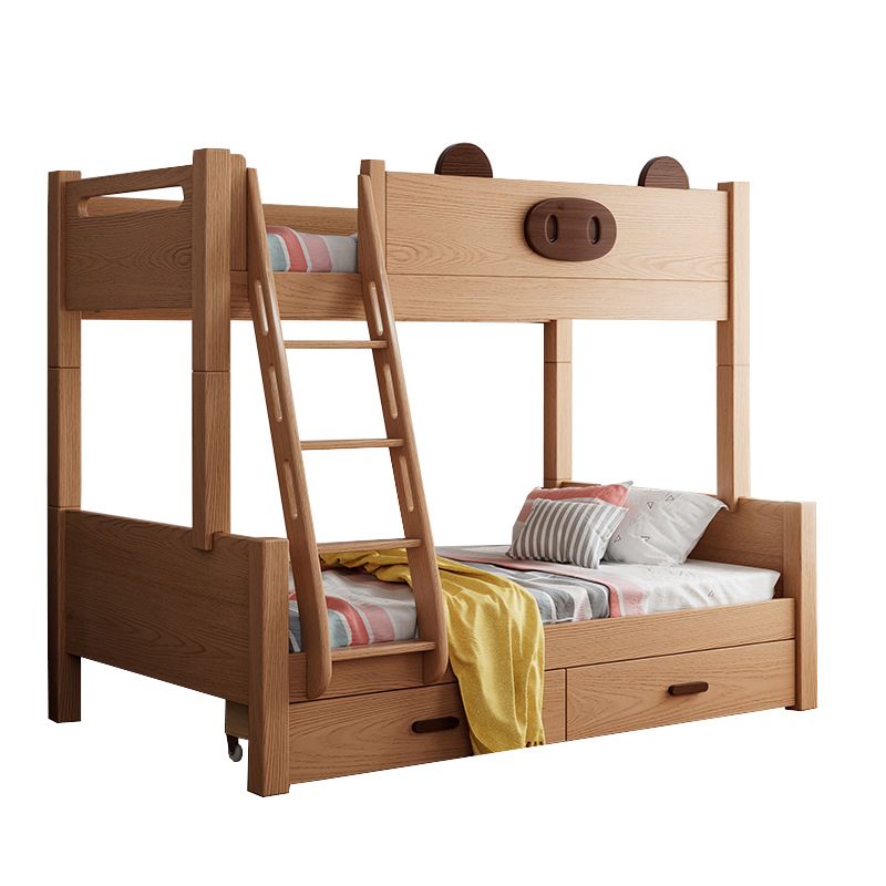 Scandinavian Solid Wood Bunk Bed Panel Brown Beech Kids Bed with Guardrail