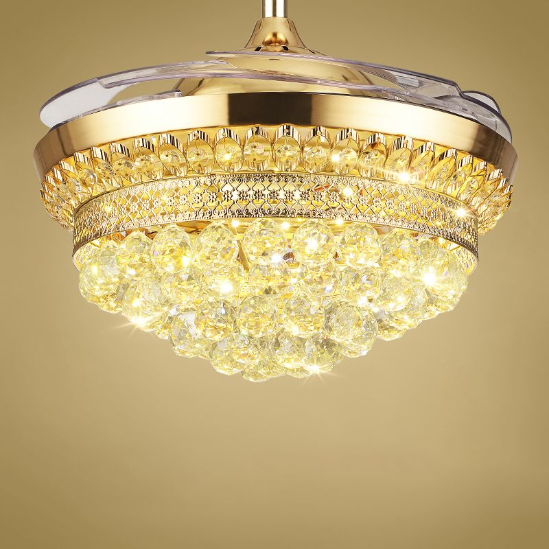 Tiered Crystal Orb Semi Flush Mount Light Contemporary Gold 4-Blade LED Hanging Fan Light Fixture