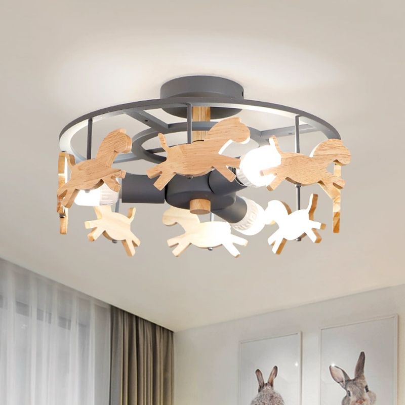 Iron Round Semi-Flush Ceiling Light Macaroon 3-Bulb Grey/White/Green Flush Mount Lamp with Wooden Horse Design