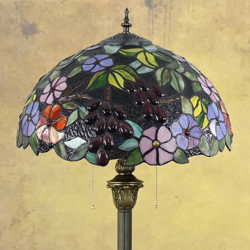 Bowl Shade Floor Lamp Antique Stained Art Glass 2 Heads Purple Standing Lighting with Grape and Flower Pattern