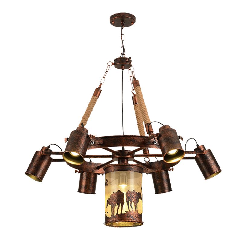 7/9 Lights Wheel Chandelier Lighting Antique Rust Metal Pendant Light Fixture for Restaurant