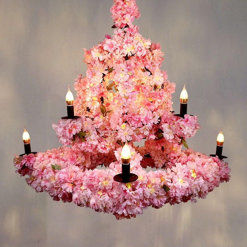 9 Bulbs Suspension Light Rustic Candlestick Metallic Chandelier Light with Cherry Blossom Decor in Pink