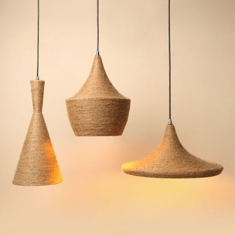 3 Light Beige Rope Pendant Light Retro Industrial Shade Hanging Lamp for Dining Room