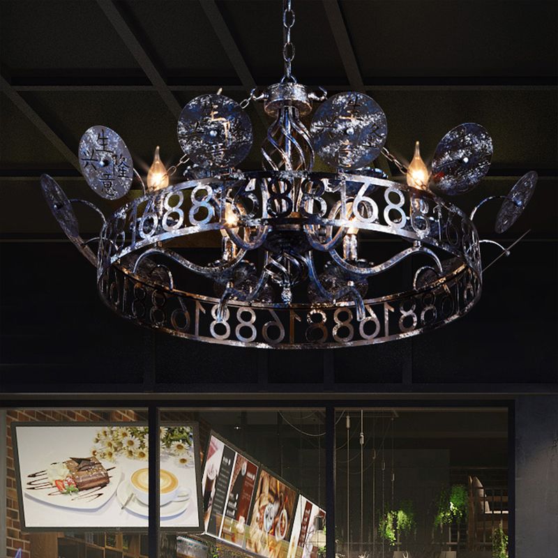 Geätzte kreisförmige Caféhaufen hängend hängendes antikes Schmiedeeisen 6 Köpfe Rost Kronleuchter mit bloßem Glühbirne