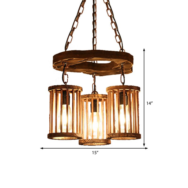 3-Light Wood Hanging Chandelier Industrial Black Cylinder Dining Room Pendant Light Fixture with Chain