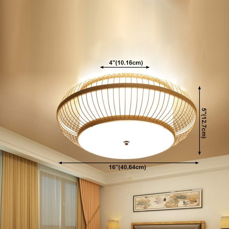 Drum Bamboo Flush Mount Lamp Asian Style Ceiling Lamp for Sitting Room