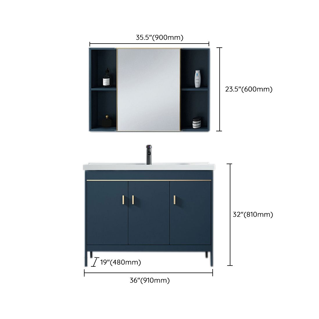 Blue Bath Vanity Hardware Glam Metal Freestanding Bathroom Vanity Set with Mirror