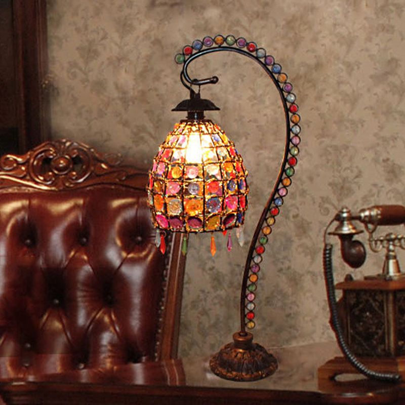 Beaded Bell Living Room Table Lamp Bohemian Style Stained Glass Single Copper Gooseneck Night Light