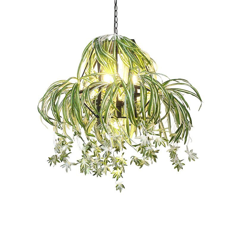 Farm Circular Cage Chandelier Light 5 Bulbs Iron Pendant Lighting Fixture in Green with Flower Decor