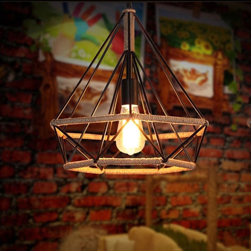 Geometric Hemp Rope Hanging Light Rustic 1 Bulb Restaurant Pendant Light Fixture in Black