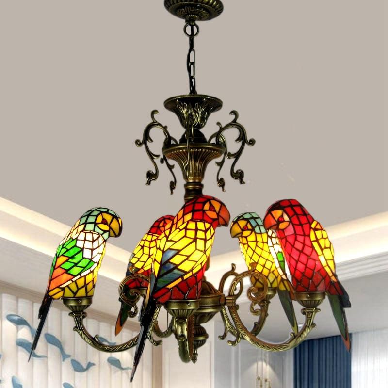 Tiffany Luxury Sputnik Pendant Light Wrought Iron Indoor Hanging Lamp with Colorful Glass Shade